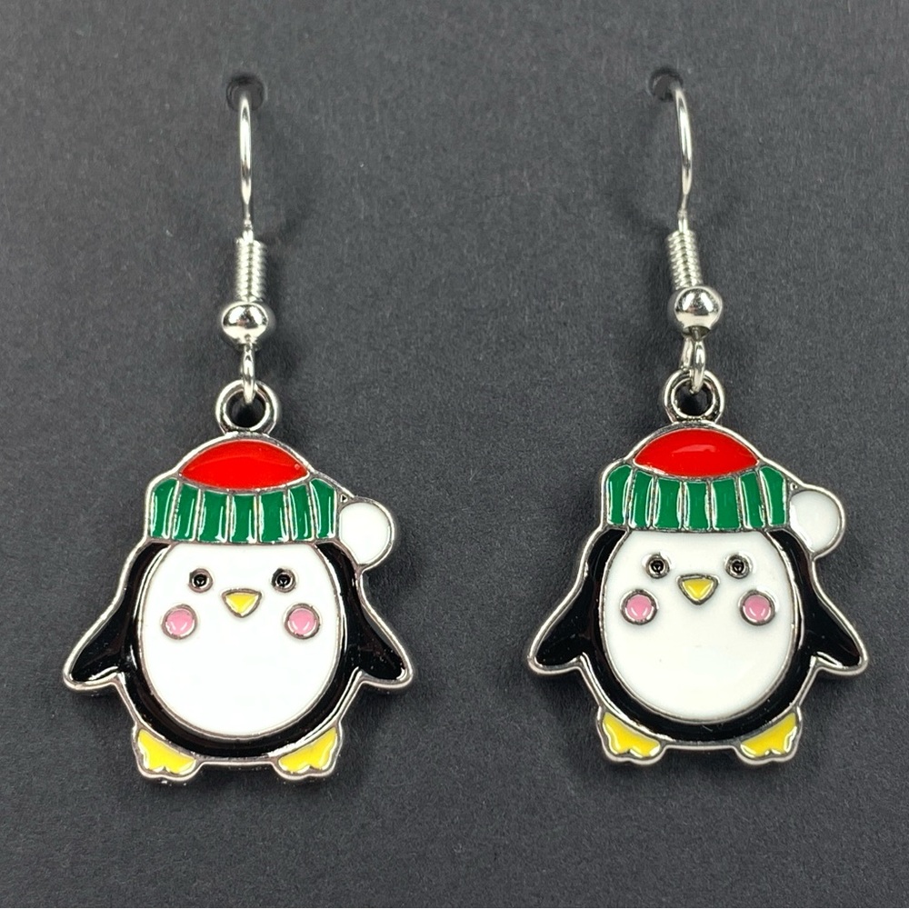 5/$25 Christmas Earrings Penguin with Toboggan Enamel Silver Tone Drop Holiday